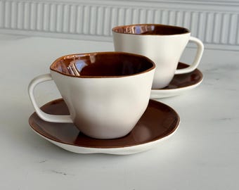 Ensemble de tasses à café en porcelaine, vaisselle moderne asymétrique marron blanc pour 6 personnes