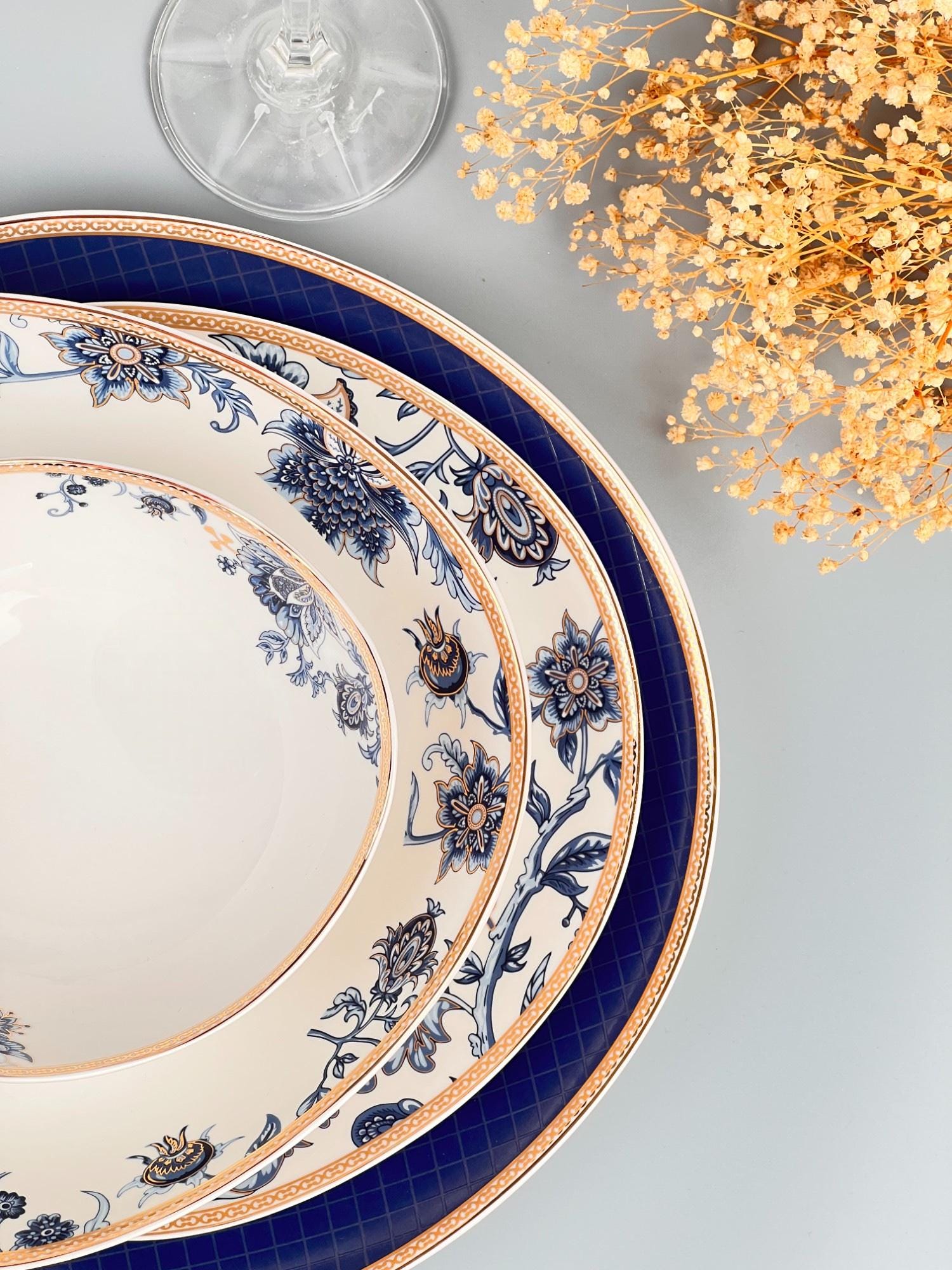 Porcelain Dinnerware Set for 6: Blue Floral & Gold Rim, Vintage Style ...