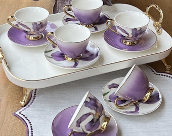 Ensemble de tasses à café expresso orchidée florale avec détails dorés - 6 personnes, 12 pièces