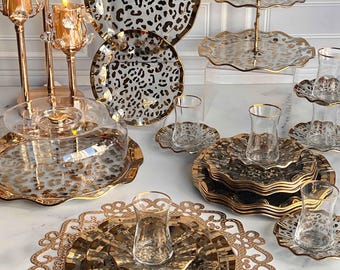 Service à thé en verre léopard doré pour 6, assiettes ondulées, présentoir à gâteaux, vaisselle de luxe