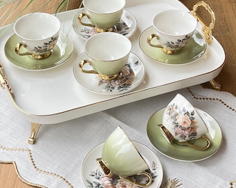 Ensemble de tasses à café turques Botania Floral avec détails dorés - 6 personnes, 12 pièces