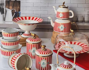 Set de cuisine en porcelaine émaillée, présentoir à gâteau à rayures, bol à fruits, théière