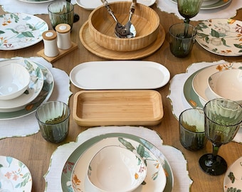 Service de vaisselle en porcelaine pour 6 personnes, vaisselle florale verte, ustensiles de service en bambou, salle à manger de ferme