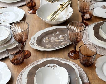 Service de vaisselle en porcelaine moka, motif botanique, vaisselle neutre pour six personnes