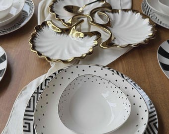 Service de vaisselle 36 pièces en porcelaine pour 6 personnes, vaisselle élégante bordée d'or