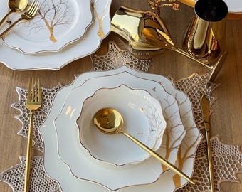 Service de vaisselle en porcelaine pour 6 personnes : Arbol Bird Design, accents dorés