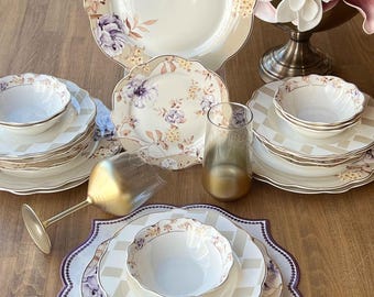 Service de vaisselle en porcelaine fine pour 6 personnes, vaisselle élégante florale bordée d'or