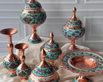 Ensemble d'art minakari fait main en cuivre émaillé, vase décoratif avec couvercle, cadeau de luxe