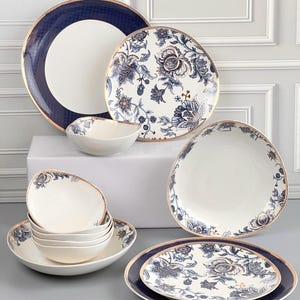 24 Piece Porcelain Marenza Dinnerware Set for 6 | Blue Floral and Gold Rim Plates | Elegant Classic Tableware | Vintage Style Dining Set