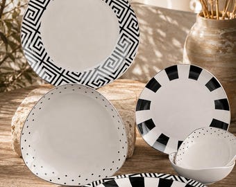 Service de vaisselle en porcelaine noire et blanche pour 4 personnes, assiettes, bols, vaisselle élégante, service de salle à manger