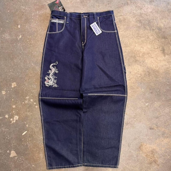 Brooklyn Xpress Navy Baggy Dragon Embroidery Jeans Size 28 X 34.5