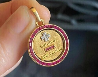 14K Yellow Gold Plated 3.00 Ct Lab-Created Border Augis Medal of Love Ruby Pendant  Birthday Gift