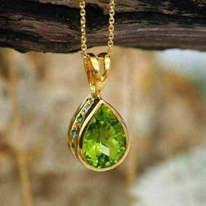 Collar con colgante de peridoto y topacio azul en forma de lágrima, chapado en oro amarillo de 14 quilates, talla pera, joyería personalizada para hombre.
