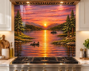 Tempered Glass Kitchen Backsplash, Rustic Sunset by the Lake Copper Effect, Kitchen Decor, Heat-Resistant, Wall Decor, Behind Stove