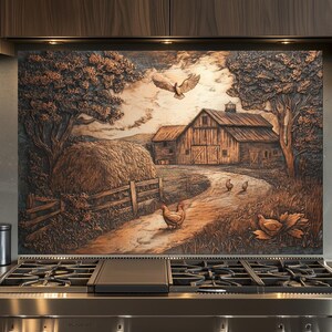 May include: A copper-toned kitchen splashback depicting a rural farm scene with a barn, hay bale, and chickens. The artwork is framed by dark wood cabinetry and a stainless steel cooker. The scene includes a road, trees, and a flying bird.