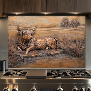 Rustic Tranquil Scene of a Highland Cow Kitchen Backsplash, Tempered Glass Backsplash, Copper Design Kitchen Backsplash, Behind Stove Glass