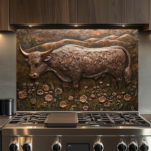 Highland Cow Grazing Kitchen Backsplash, Tempered Glass Backsplash, Copper Look Backsplash, Behind Stove Glass, Rustic Stove, Splashback