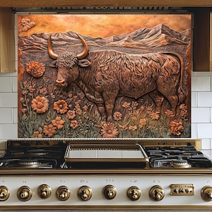 Highland Cow Grazing Kitchen Backsplash, Tempered Glass Backsplash, Copper Look Backsplash, Behind Stove Glass, Rustic Stove, Splashback