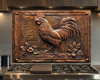 Rooster Kitchen Backsplash, Tempered Glass Backsplash Behind Stove, Wall Decor, Copper Design Kitchen Backsplash , Shatterproof, Rustic