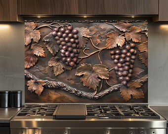 Bunch of Grapes Kitchen Backsplash, Tempered Glass Backsplash Behind Stove, Wall Decor, Copper Design Kitchen Backsplash , Shatterproof