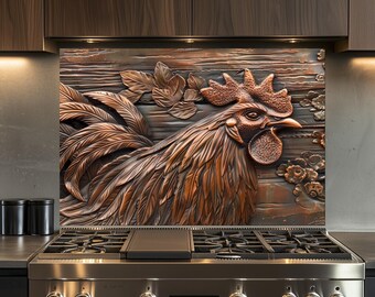Rooster Kitchen Backsplash, Tempered Glass Backsplash Behind Stove, Wall Decor, Copper Design Kitchen Backsplash , Shatterproof, Rustic