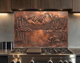 Kitchen Backsplash, Tempered Glass Backsplash, Mountain and Forest, Copper Design Kitchen Splashback, Wall Decor, Shatterproof, Behind Stove