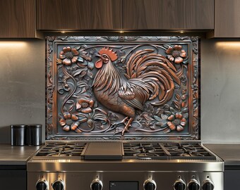 Rooster Kitchen Backsplash, Tempered Glass Backsplash Behind Stove, Wall Decor, Copper Design Kitchen Backsplash , Shatterproof, Rustic