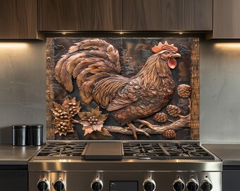 Rooster Kitchen Backsplash, Tempered Glass Backsplash Behind Stove, Wall Decor, Copper Design Kitchen Backsplash , Shatterproof, Rustic