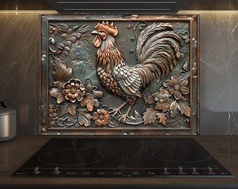 Rooster Kitchen Backsplash, Tempered Glass Backsplash Behind Stove, Wall Decor, Copper Design Kitchen Backsplash , Shatterproof, Rustic