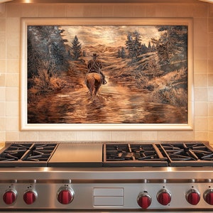 Kitchen Backsplash Tempered Glass,Cowboy  Copper Design Kitchen Backsplash Behind Stove Tempered Glass,Western Glass Backsplash,Rustic Stove