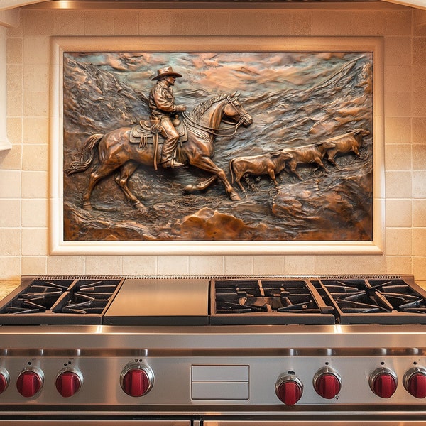 Cowboy Kitchen Backsplash Tempered Glass,Wildernes Copper Design Kitchen Backsplash BehindStove Tempered Glass, Glass Backsplash,RusticStove