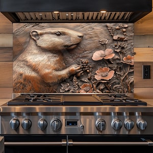 Prairie Dog Decor Kitchen Backsplash, Tempered Glass Backsplash, Copper Design Kitchen Backsplash Behind Stove Tempered Glass ,Rustic Stove