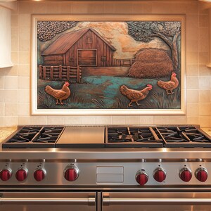 May include: A kitchen backsplash with a framed relief sculpture of a farm scene. The artwork shows a barn, hay bale, and chickens in a rustic setting. The colour palette includes shades of brown, green, and blue.