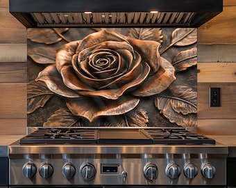 Kitchen Backsplash Tempered Glass, Rose Pattern Copper Design Kitchen Backsplash Behind Stove Tempered Glass,Glass Backsplash,Rustic Stove