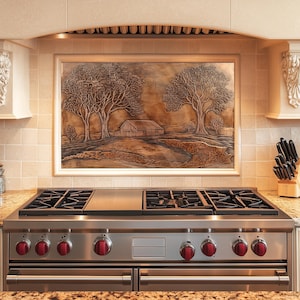 Farmhouse Decor Kitchen Backsplash, Tempered Glass Backsplash, Copper Design Kitchen Backsplash Behind Stove Tempered Glass ,Rustic Stove