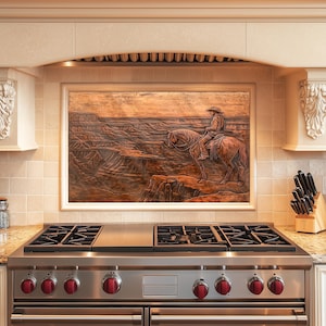 Kitchen Backsplash Tempered Glass, Copper Design Kitchen Backsplash Behind Stove Tempered Glass, Glass Backsplash,Rustic Stove,Cowboy Canyon