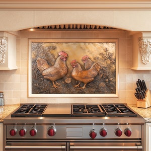 Kitchen Backsplash Tempered Glass, Roosters and Hens Copper Design Kitchen Backsplash Behind Stove Tempered Glass Backsplash, Rustic Stove