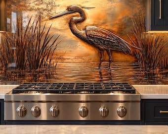 Heron Design Kitchen Backsplash, Tempered Glass Backsplash, Copper Design Kitchen Backsplash Behind Stove Tempered Glass ,Rustic Decor