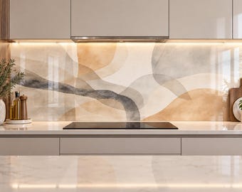 Abstract Glass Backsplash for Kitchen, Tempered Glass Stove Backsplash Panel, Modern Neutral Kitchen Wall Art, Beige Gray Splashback