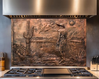 Tempered Glass Kitchen Backsplash, Rustic Copper Effect, Kitchen Decor, Heat-Resistant, Wall Decor, Lonely Cowgirl in Desert, Behind Stove