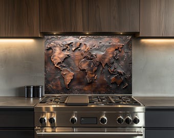 Kitchen Backsplash, Tempered Glass Backsplash, World Map, Copper Design Kitchen Splashback, Wall Decor, Shatterproof, Behind Stove