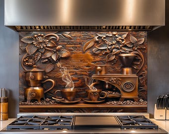 Kitchen Backsplash, Tempered Glass Backsplash, Luxury Coffee Couple, Behind Stove, Copper Design Kitchen Splashback, Wall Decor,Shatterproof