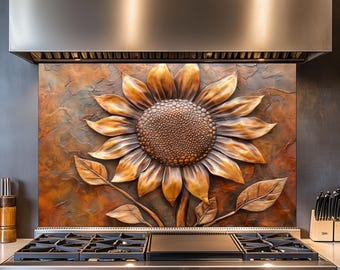 Vibrant Sunflower with Large Petals Kitchen Backsplash, Tempered Glass Backsplash, Copper Design Kitchen Backsplash Behind Stove Tempered Gl