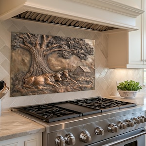 Cows on the Farm Kitchen Backsplash, Tempered Glass Backsplash, Copper Design Kitchen Backsplash Behind Stove Tempered Glass ,Rustic Stove