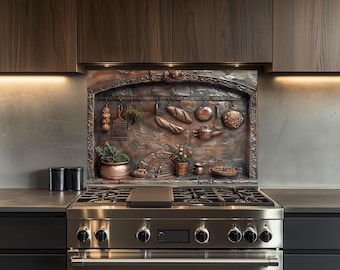 Tempered Glass Kitchen Backsplash, Rustic Copper Effect, Heat-Resistant Wall Decor