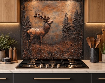 A Majestic Deer Kitchen Backsplash, Tempered Glass Backsplash Behind Stove, Copper Design Kitchen Backsplash , Shatterproof, Rustic Decor