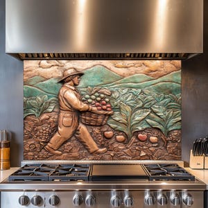 Kitchen Backsplash Tempered Glass, Farmer Figure Copper Design Kitchen Backsplash Behind Stove Tempered Glass Backsplash,Rustic Stove