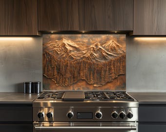 Kitchen Backsplash, Tempered Glass Backsplash, Mountain and Forest, Copper Design Kitchen Splashback, Wall Decor, Shatterproof, Behind Stove