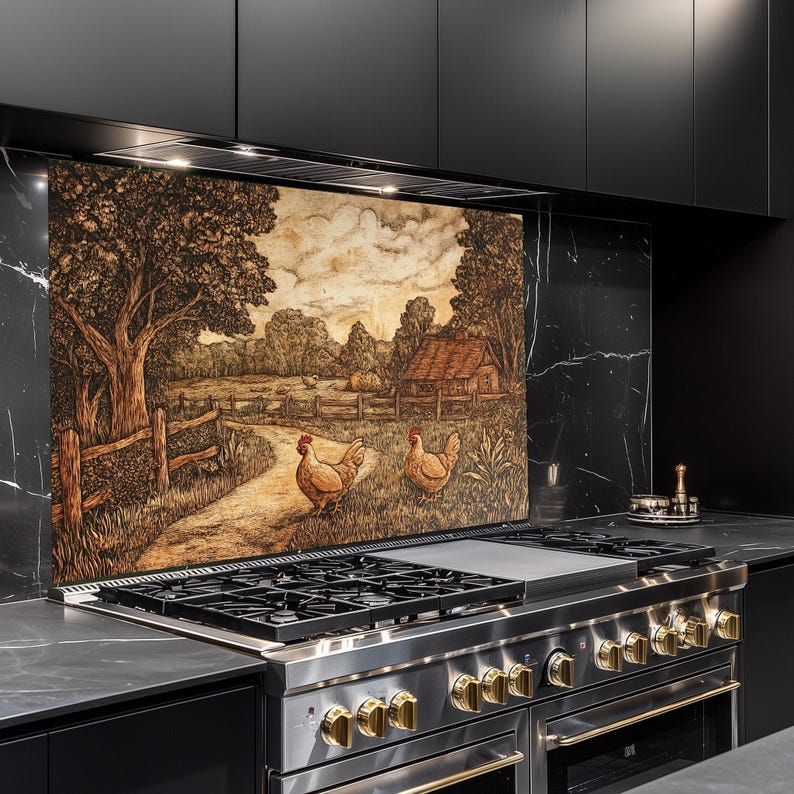 Rust Kitchen Splashback Farmhouse Garden With Chickens Roaming Backsplash, Tempered Glass ...