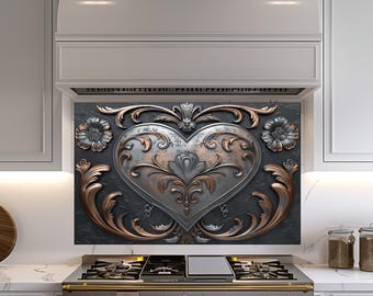 Heart Copper Design Kitchen Backsplash, Tempered Glass Backsplash,  Kitchen Splashback, Wall Decor, Shatterproof, Behind Stove Cover